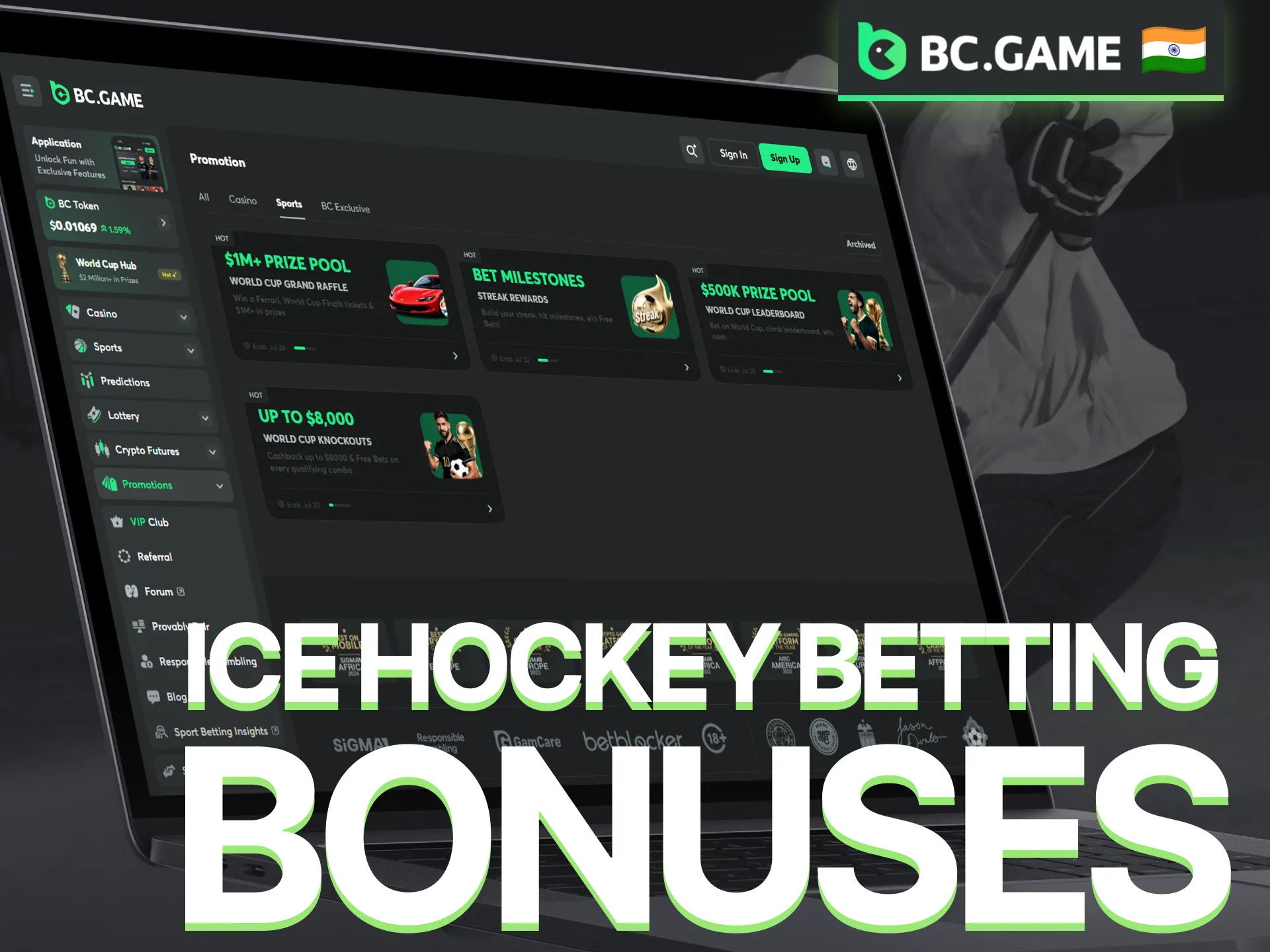 Claim BC Game bonuses and promotions for ice hockey betting.