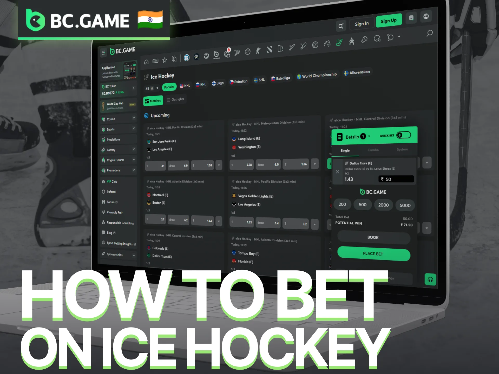 Learn how to place ice hockey bets through the BC Game betting platform.