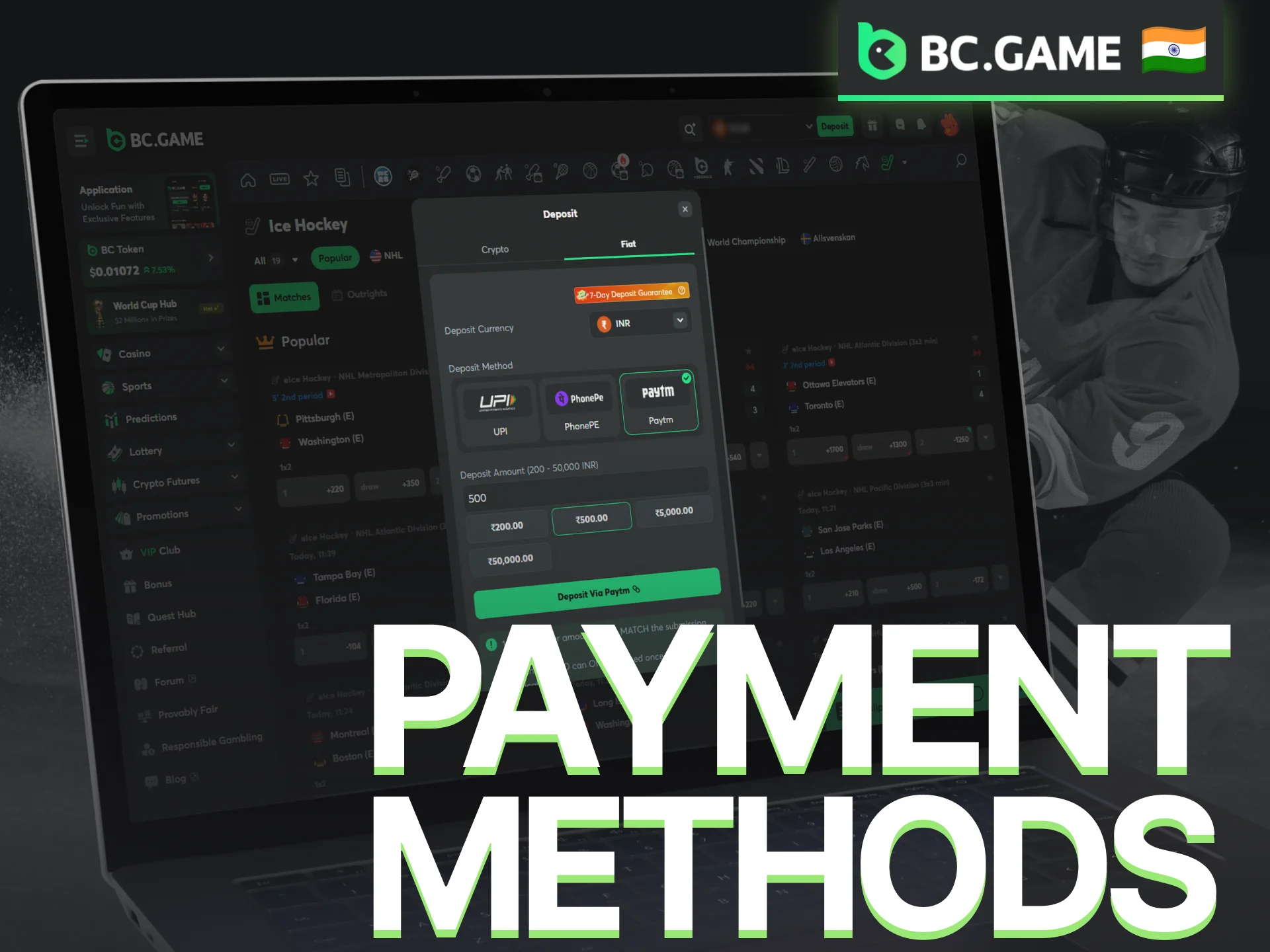 Use secure BC Game payment methods for ice hockey betting deposits and withdrawals.