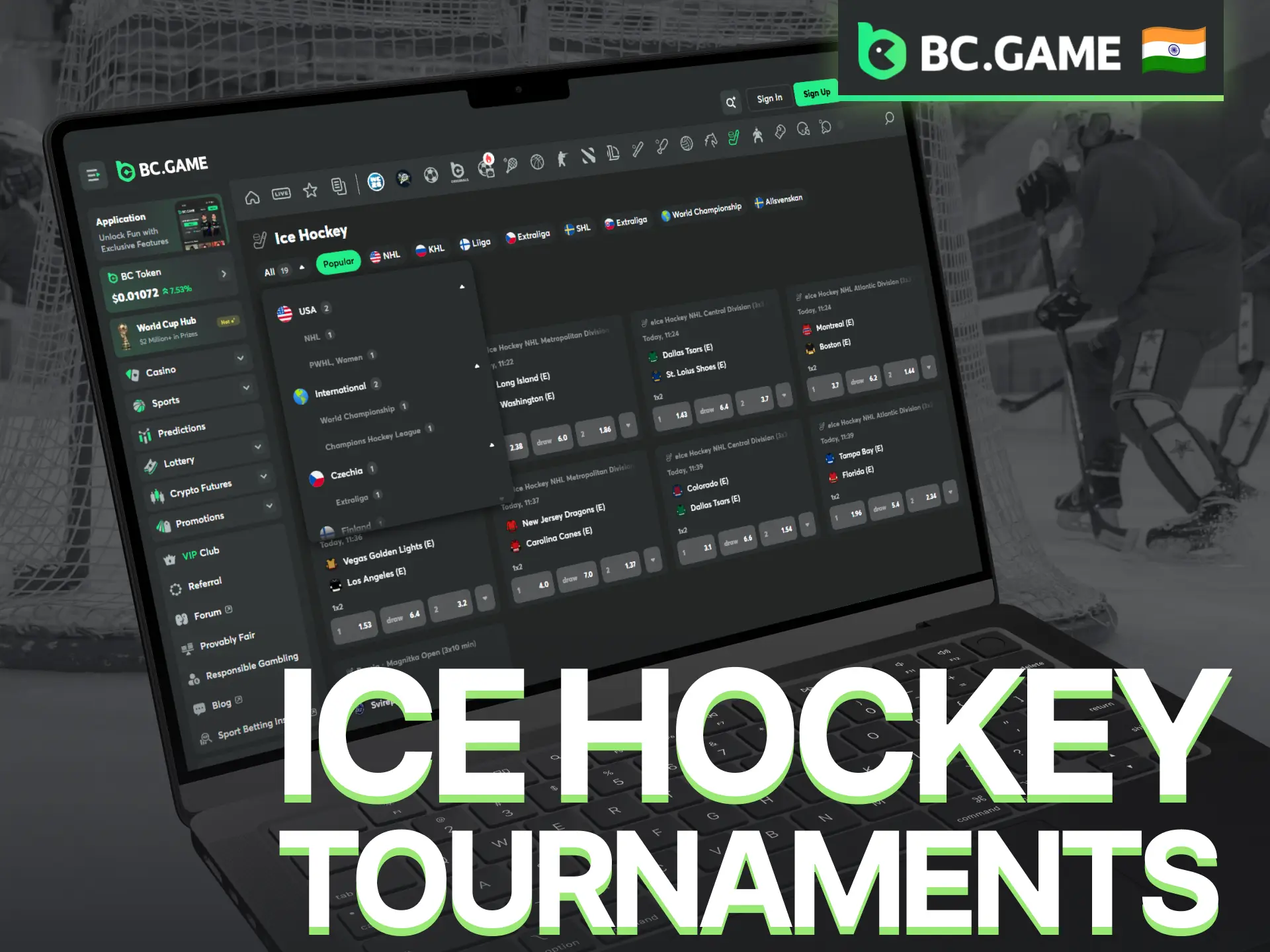 Discover leading ice hockey tournaments available for betting on BC Game.